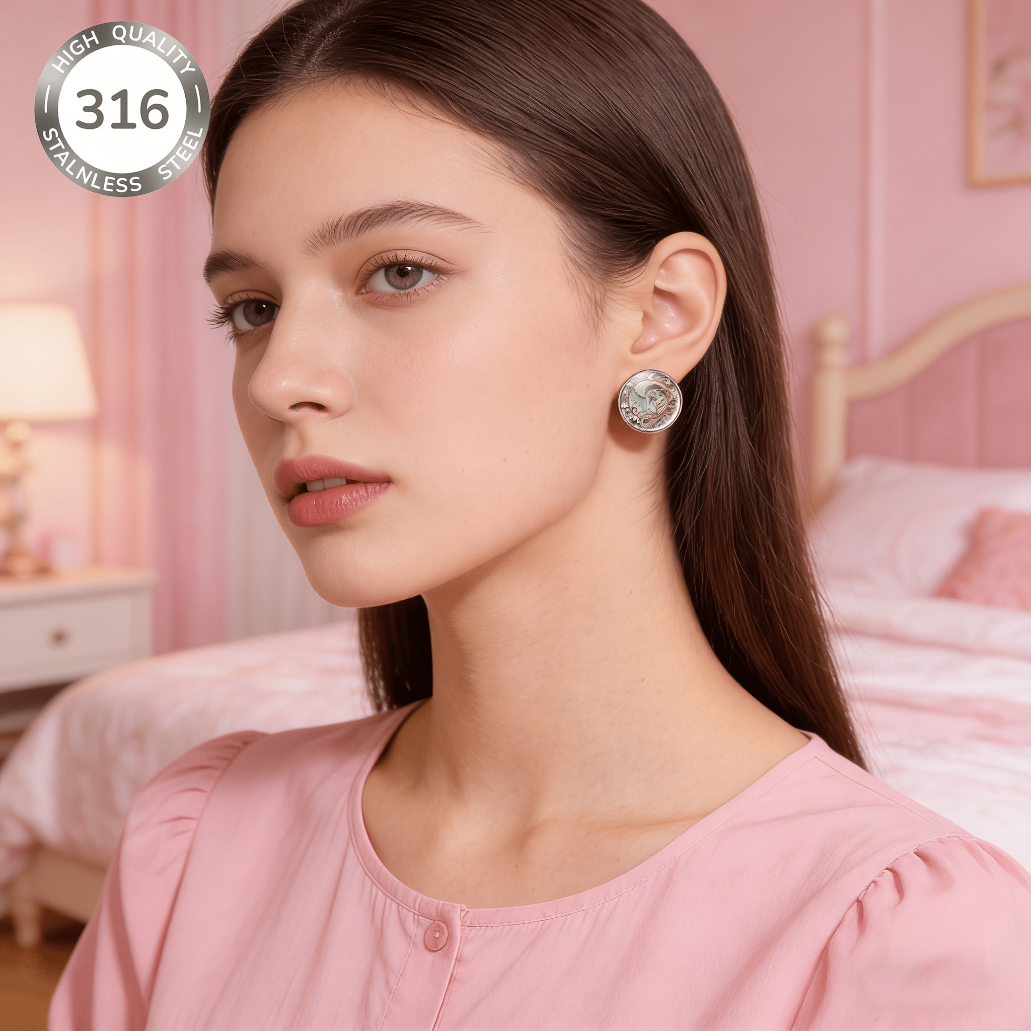 Round Decorative Tray Floral Pattern Stud Earrings, Set of 2